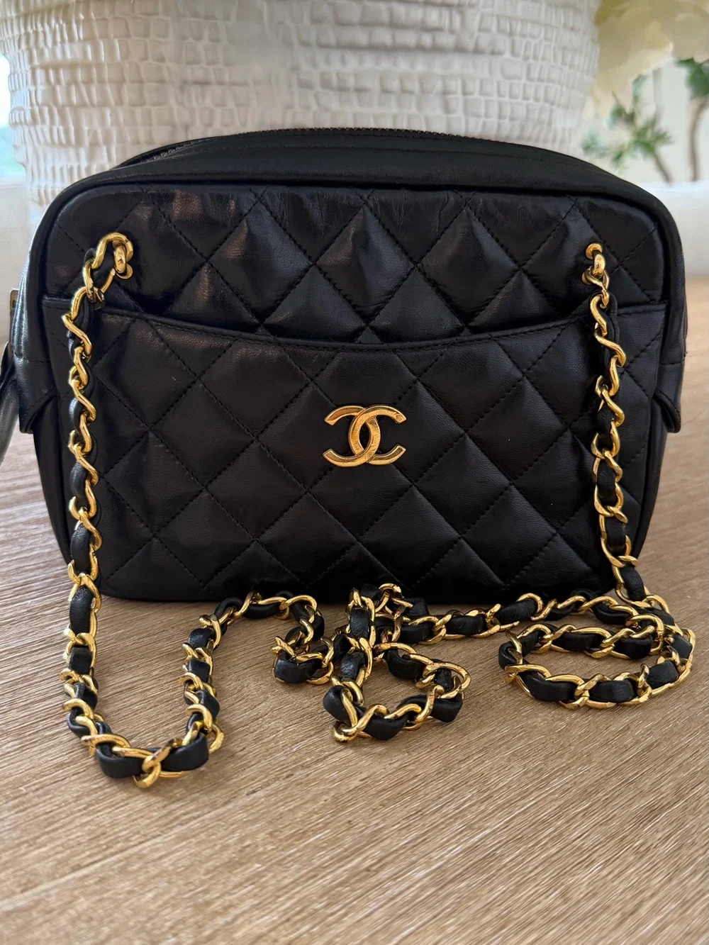 CHANEL Black Quilted Lambskin Crossbody with Gold Chain